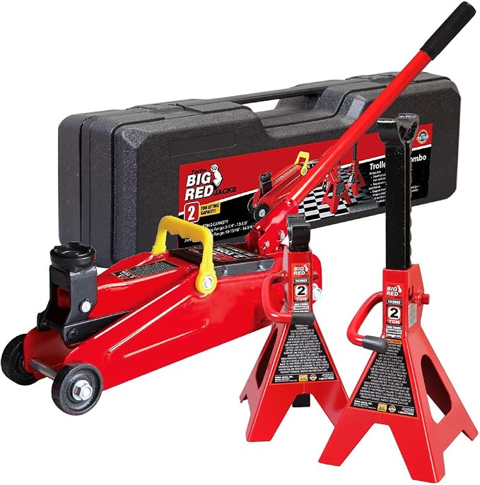 BIG RED T82001S Torin Hydraulic Trolley Service/Floor Jack Combo with 2 Jack Stands and Blow Mold Carrying Storage Case, 2 Ton (4,000 lb) Capacity, Red