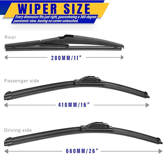 3 wipers Replacement for 2012-2017 Kia Rio/2012-2019 Hyundai Accent, Windshield Wiper Blades Original Equipment Replacement - 26"/16"/11" (Set of 3) U/J HOOK