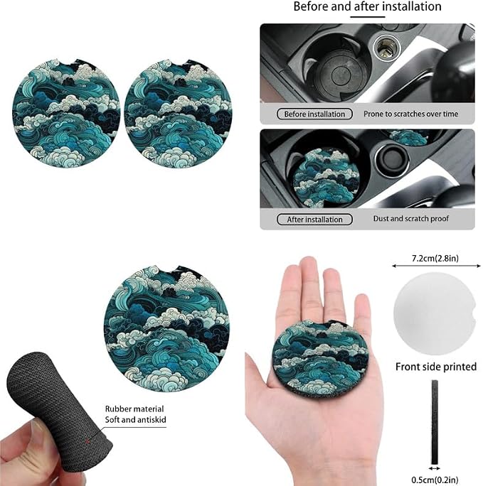 Chinese Cloud Pattern Print 13 Piece Car Seat Cover Set for Women Full Set Retro Sea Wave Car Seat Protectors Coaster Pads Decor Accessory, Turquoise