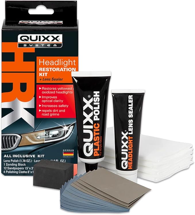 QUIXX 00084-US Headlight Restoration Kit and Lens Sealer, Permanently Restore Yellowed or Opaque Headlights To Like-New Condition for Your Automobile, Motorcycle, or Boat