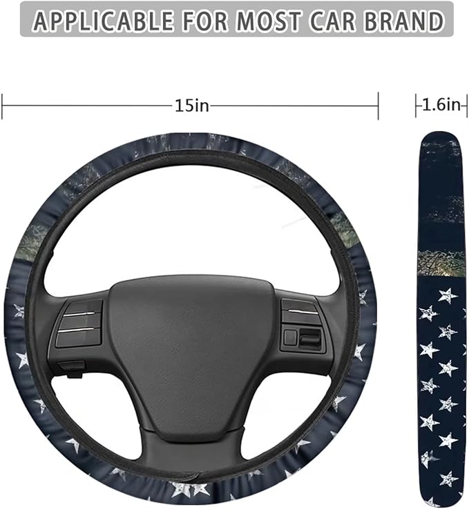 Suobstales American Flag Deer Car Seat Covers Front Back Split Bench Protector for SUV Truck Van Camo Elk Steering Wheel Covers 15 Inch,Seat Belt Covers,Coasters,Keychain Auto Decor for Women Men