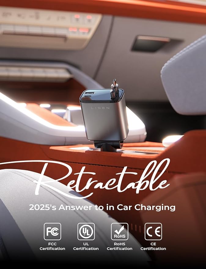 LISEN Retractable Car Charger, Gifts for Him Her, 84W Car Adapter USB C Fast Charger, Gifts for Mothers Day Travel Essentials Car Accessories for Men Women Gifts for iPhone 17 16 15 14 13 Samsung S26