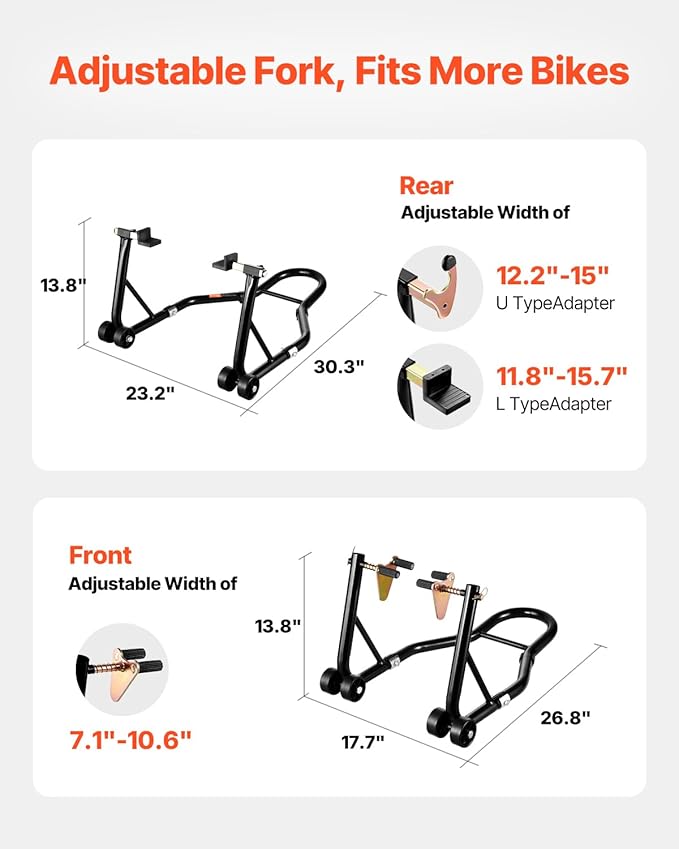 VEVOR Motorcycle Stand Lift, 1100lbs Capacity Front Rear Combo Stand Lift, Front Wheel Dual-Fork Stand, Rear U+L Fork Swingarm Spool Stand, for Most Yamaha Honda Kawasaki Suzuki Motorcycles, Black