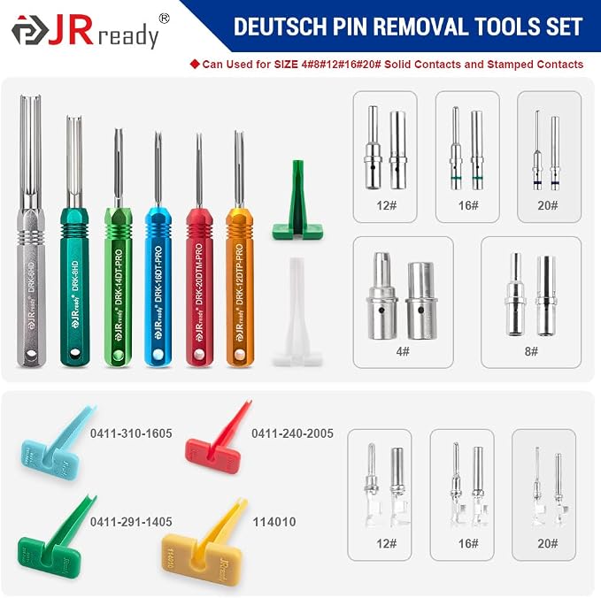 JRready ST5257-PRO Deutsch Connector Tool Kit for 4#8#16#12#20# Solid/Stamped Contacts + ST6259 Gold-Plated DT Solid Terminal Contact Size 16 30 PCS Male 0460-215-1631 and 30 PCS Female 0462-209-1631