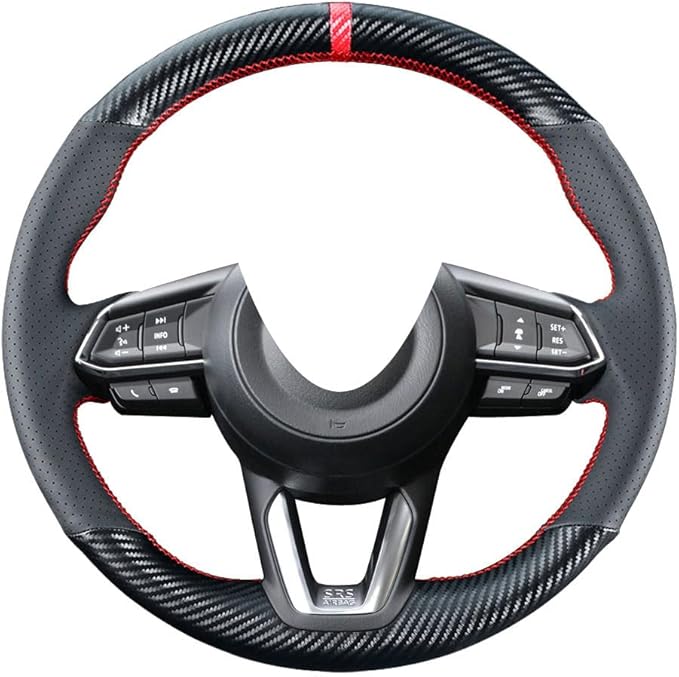 DIY Steering Wheel Cover Custom Fit for 2017 2018 Mazda 3 / 2017-2020 Mazda CX-5 Mazda 6 / 2016-2020 CX-9 / 2018 2019 2020 CX-3 15 inches Black Leather Carbon Fiber Interior Accessories