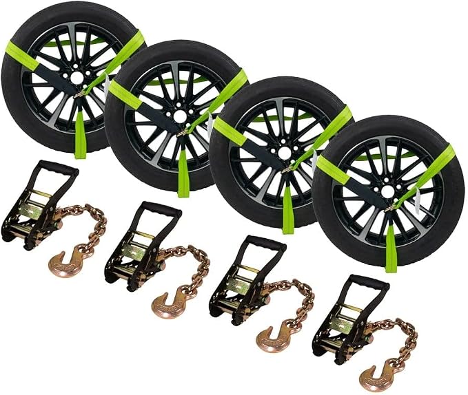 Mytee Products (4 Pack) 2" x8' Car Tie Down Ratchet Lasso Straps with Chain Anchor - 3,335 LBS WLL - High Viz Green Car Hauler Tire Straps for Trailers - Tie Down for UTV, Trucks, ATV