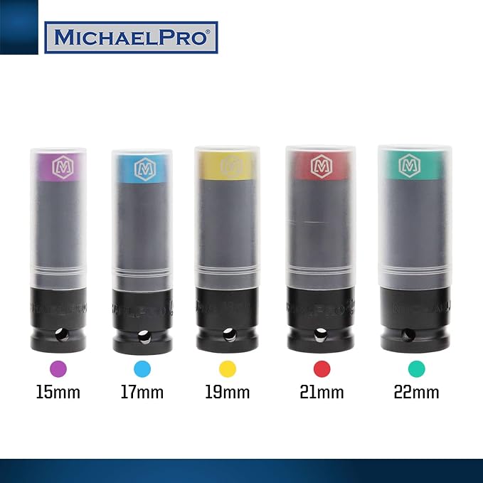 MichaelPro 5-Piece Power Impact Lug Nut Socket, Damage-Free 1/2-Inch Extra Tough Professional Thin Wall Wheel Protector Impact Sockets – 15, 17, 19, 21, 22mm| MP005030 (5-Piece)