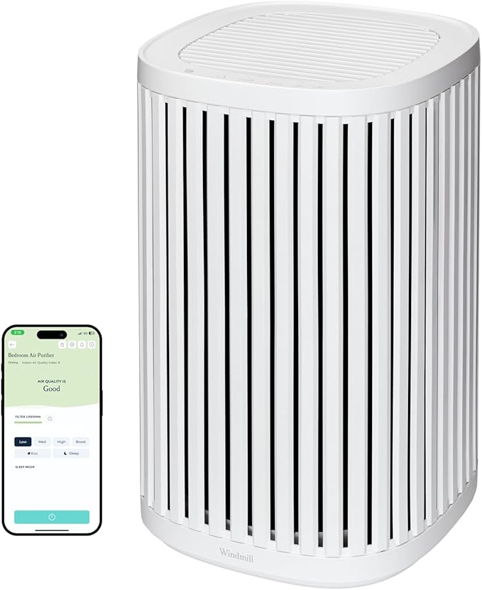Windmill Air Purifier for Home - 3-In-1 Filtration for Dust, Smoke, & More - True HEPA Filter, Activated Carbon, & Pre-Filter - Ultra-Quiet - App Compatible - Covers Up To 975 sq ft - White