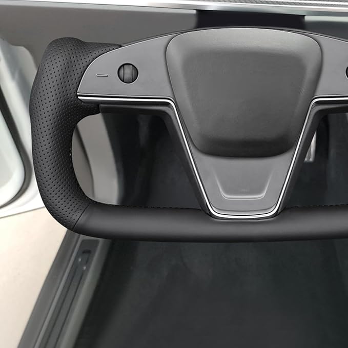 MEWANT Steering Wheel Cover for Yoke Style Steering Wheel for Tesla Model S 2021-2023 / Model X 2021-2023 Made of Black Microfiber Leather