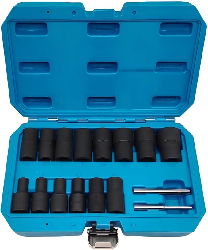 16PCS Twist Lug Nut Socket Set - 1/2 inch Drive Damaged Nut Lock Remover Extractor - Rusted & Strip & Stripped & Stuck Locking Nut Removal Tool Kit with 8-27mm Sockets & Center Punch Bar