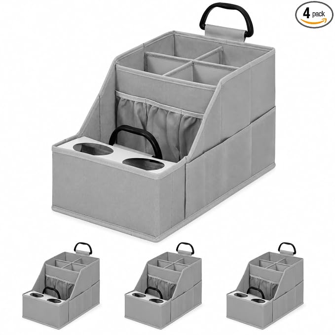 CROS 4 Pack Car Seat Organizer with Metal-Reinforced Cup Holders, 12 Storage Compartments Backseat Car Organizer, Travel Essentials for Kids Toys & Snacks, Non-Slip Seat Storage for SUV, Truck, Gray
