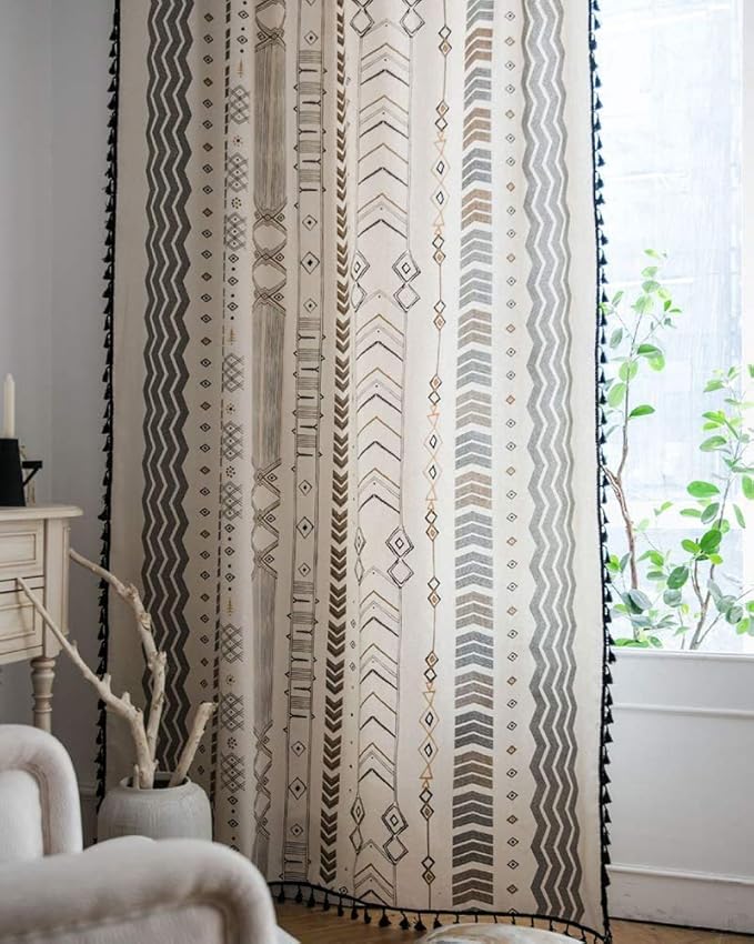 ColorBird Boho Curtains Patterned Black and White 95 Inches Semi-Blackout Light Filtering Long Window Curtains 2 Panels Cotton Drapes with Black Tassel Rod Pocket for Living Bedroom Sliding Door