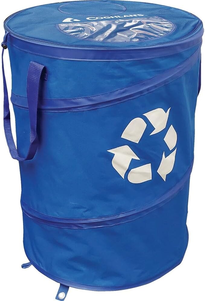 Coghlan's Deluxe Durable Pop-Up Recycling Can – Collapsible Bin with Zippered Lid, Bag Clips, and Anchoring Points for Camping, Home, and Outdoor Use – 29.5 Gallon
