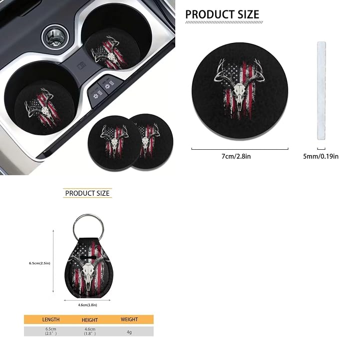 Xoenoiee American Flag Elk Bone Print Car Seat Covers and Accessories, Front Rear Seat Covers, Steering Wheel Cover, Seat Belt Pads, Coasters, Keychains for Car SUV Decor, 11 PCS Set