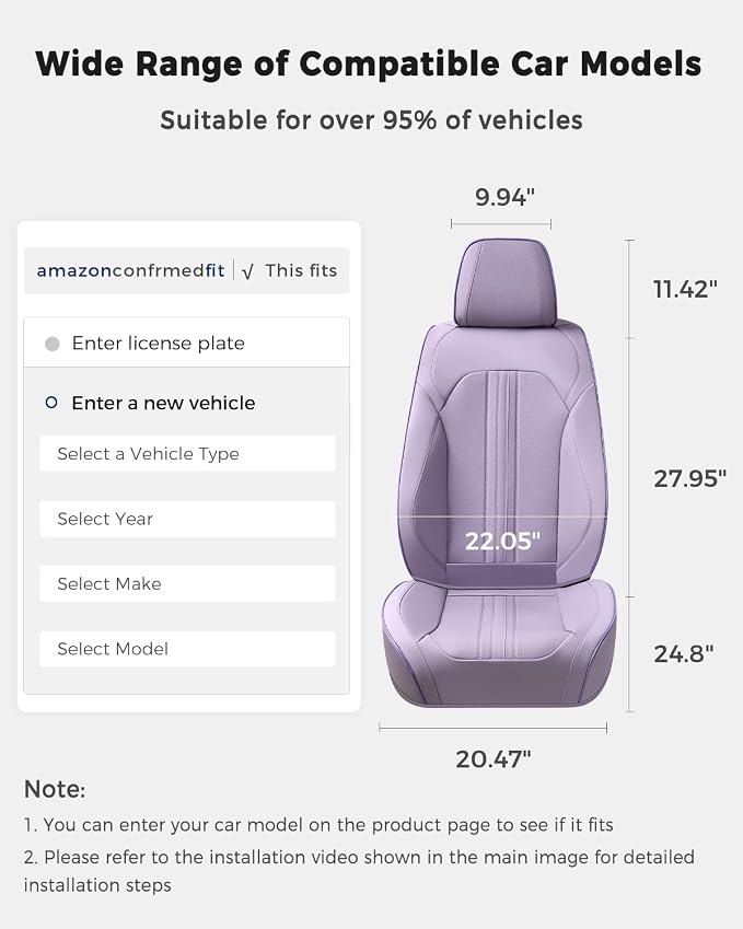 Huidasource Purple Front Seat Cover, Luxury Faux Leather Front Car Seat Cover, Compatible with Airbags, Seatbelt Buckles, Perforation, Cooling＆Heating, Universal Fit for Most Cars, Vans, Trucks, SUVs