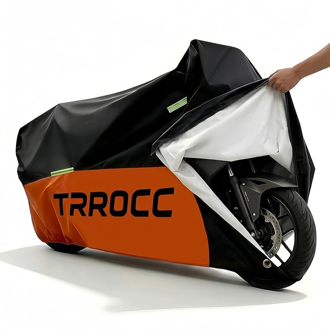 300D Heavy Duty Motorcycle Cover Waterproof Outdoor, Quad Cover for BMW, Harley, Yamaha, Lined with Cotton, Touring, Sportbike, Scooter, Powersports Vehicle Covers, XL Black & Orange