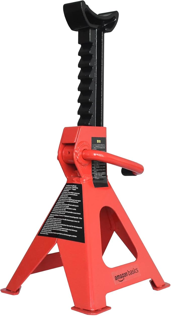 Amazon Basics Steel Jack Auto Stands, 3 Ton (2.7 metric Ton) Capacity, Easy to Use, Adjustable Height, 6,000 lb, 1 Pair, Black and Red