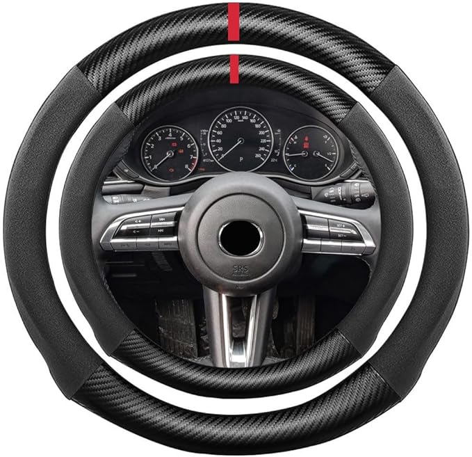 Suede Carbon Fiber Steering Wheel Cover, Compatible with Mazda 3, 6, CX-3, CX-5, 9 - 15 inch Soft Suede Touch Leather Sport Non-Slip Automotive Interior Accessories