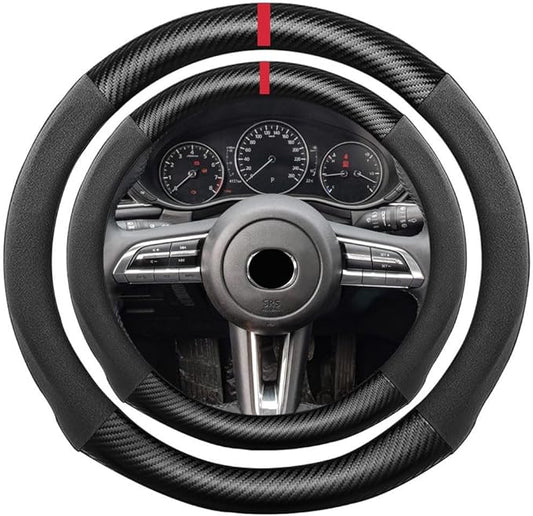 Suede Carbon Fiber Steering Wheel Cover, Compatible with Mazda 3, 6, CX-3, CX-5, 9 - 15 inch Soft Suede Touch Leather Sport Non-Slip Automotive Interior Accessories