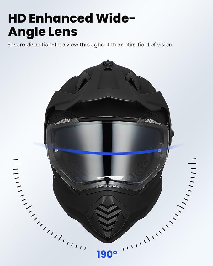 ILM Dual Sport Adventure Motorcycle Helmet with Pinlock Compatible Sun Visor Snowmobile ATV Dirt Bike Off Road Casco Model WS902 (Matte Black, L)