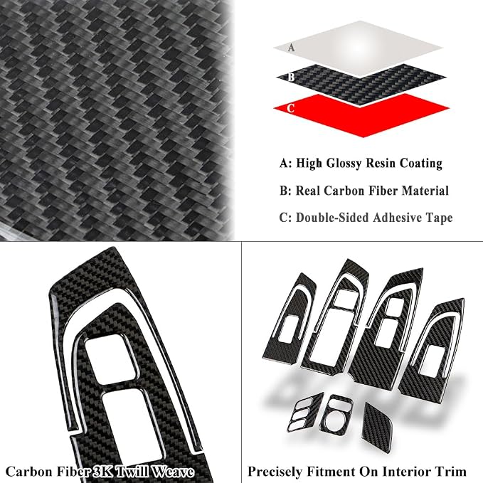 AeroBon TSX Real Carbon Fiber Interior Trim Overlay Compatible with 2009-2014 Acura TSX Sedan and Sport Wagon, 9-Piece Window Switch Panel, Mirror Switch, Seat Memory, Inner Door Handle Trim Cover Set