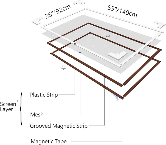 NeatiEase Adjustable DIY Magnetic Window Screen Max 55InchH x 36InchW Fits Any Size Smaller with White Frame Fiberglass Mesh