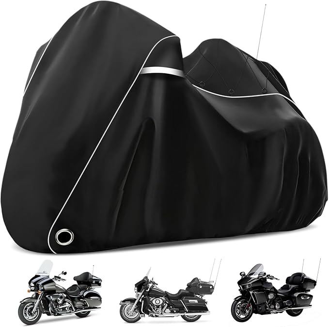COVERVIN Motorcycle Cover with Side+Top Box Heavy Duty 420D Waterproof for Harley Davidson Ultra Ltd, Road Glide Ltd, Honda Gold Wing, Road Master, Indian, Indoor & Outdoor Storage Black