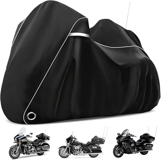 COVERVIN Motorcycle Cover with Side+Top Box Heavy Duty 420D Waterproof for Harley Davidson Ultra Ltd, Road Glide Ltd, Honda Gold Wing, Road Master, Indian, Indoor & Outdoor Storage Black
