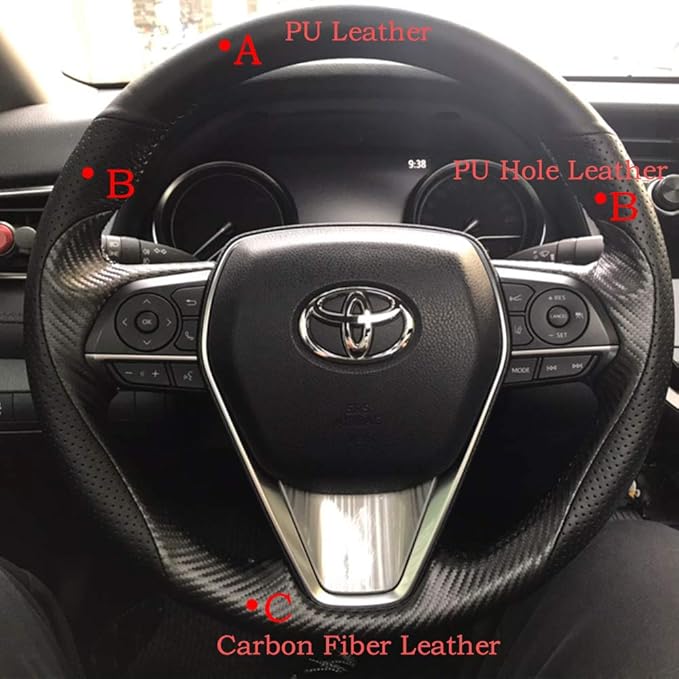 Matte Black Carbon Fiber & Nappa Leather Interior Accessories Steering Wheel Cover Hand-Stitch on Wrap Fit for Toyota RAV4 SUV 2019-2021 / Avalon 2019-2021 / Camry 2018-2021 / Corolla 2020-2021