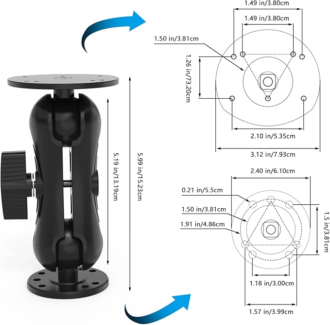 Aluminum Alloy Fish Finder Mount with C Size 1.5" Ball Rectangular Plate & Round Base, 5.19" Arm Marine Electronic Mount Compatible with Garmin,Humminbird Kit (Black)