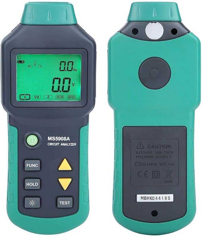 Circuit Analyzer AC100-240V RMS Circuit Analyzer Tester MS5908A LCD Circuit Analyzer, Voltage Detector GFCI RCD Fault Tester (MS5908A US Plug)