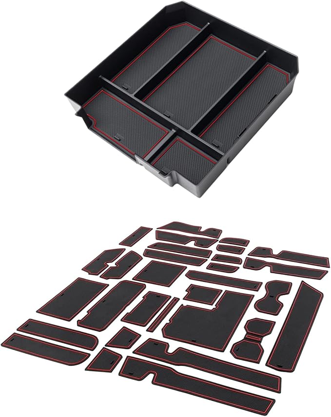JDMCAR Liner Accessories (Red Trim) and Center Console Organizer (Red Trim) Compatible with 2022 2023 Toyota Tundra Accessories