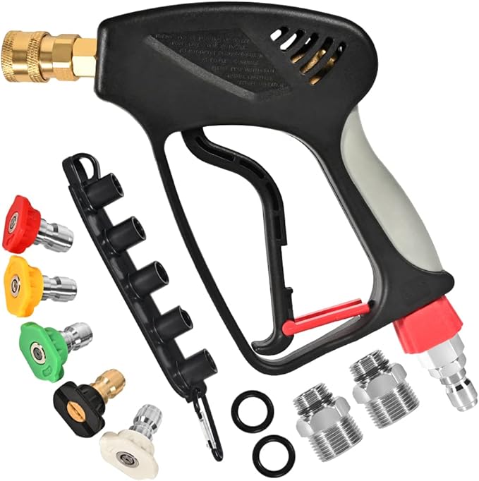 Pressure Washer Short Gun, 5000 PSI High Pressure, Trigger Handle and Professional 3/8" Swivel Quick Connect Plug, M22-14mm/15mm Fitting Adapter, 5 Spray Nozzle Tips with Holder