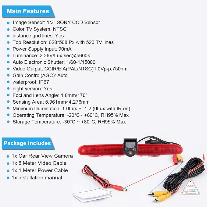 HD Brake Light Rear View Reversing Camera with Angle Adjustable Compatible with Toyota Proace/Citroen Berlingo B9/Opel Combo/Limousine/Peugeot Partner Tepee/Rifter (Reversing Camera)