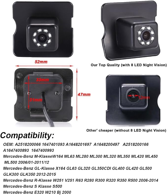 Vehicle Rear View Camera with 8LEDs Waterproof Night Vision Backup Reverse Camera Replacement for Mercedes Benz MB ML320 CDI/ML350/ML300/ML250/ML63/W164/ML450
