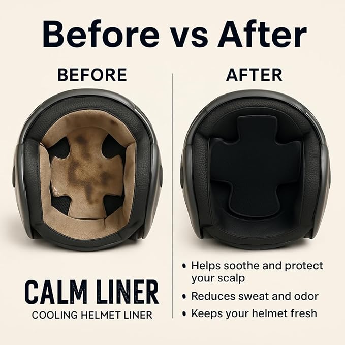 Motorcycle Helmet Liner – Anti-Sweat, Cooling & Reusable. Absorbs Sweat, Prevents Odor & Stains. Easy Hook & Loop Fit for Helmets: Skateboard, Hockey & Bike