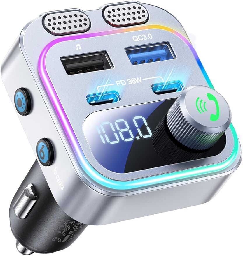 60W Bluetooth 5.4 FM Transmitter Car Adapter [Reinforced Dual Mics & Deep Bass] [Dual PD 60W & QC3.0] Fast Charging Handsfree Calling Wireless Radio Bluetooth Transmitter for Car [Silver]