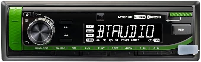 Dual Electronics TRKTI14G Kioti Tractor Radio | 7-Character LCD | Weatherproof | Bluetooth | Plug N Play Wiring Harness with Headphone Jack | USB Port | Fits NX RX DK CK Series Cab Tractors