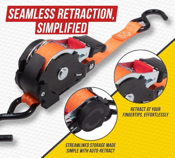 Mytee Products 4 Pack Orange Auto Retract NO-RATCHETING Ratchet Straps | 1" x 12' Retractable Ratchet Straps with Zinc Coated S Hook Tiedowns for Motorcycles, ATVs, Bikes, Trailer Tie-Down