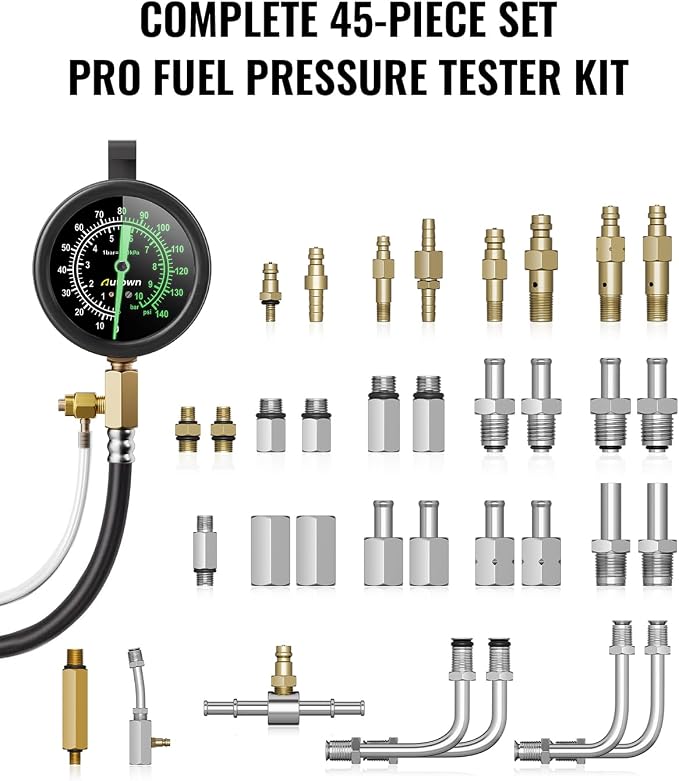 AUTOWN 45-Piece Pro Fuel Pressure Tester Kit, 0-140 PSI Fluorescent Glow Gauge, Complete Adapters for Gasoline Cars, Trucks & SUVs