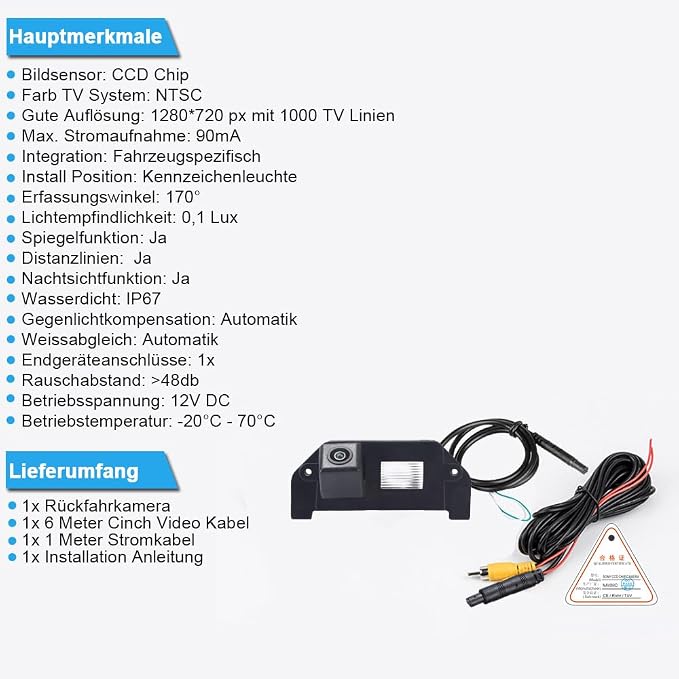 Vehicle Night Vision Rear View Camera, Waterproof License Plate Backup Camera Replacement for 2006-2014 Dodge Charger/2008-2014 Dodge Challenger/2005-2008 Dodge Magnum