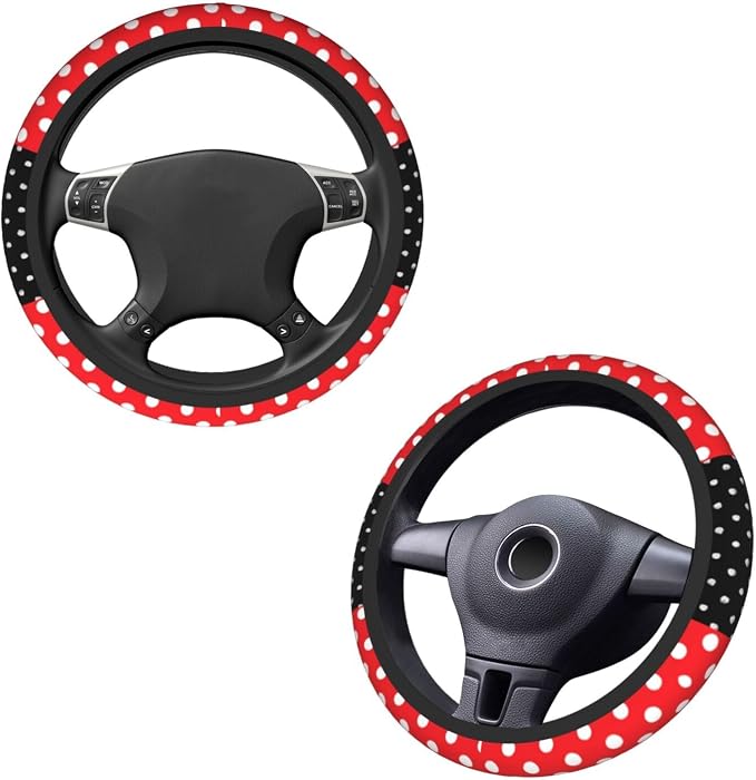 Cute Black Polka Dot Red Bow Car Seat Headrest Cover and Steering Wheel Cover Car Coaster Set