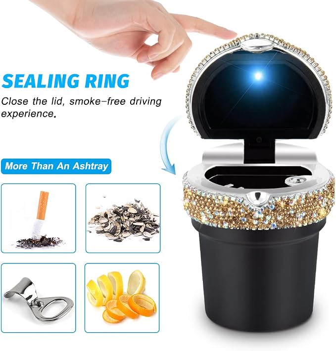 eing Car Ashtray Portable Bling Cigarette Smokeless Cylinder Cup Holder with Blue LED Light Indicator and 2 Replacement Batteries,Car Accessories for Women,Ideal for Car,Home and Office,1-Pack Gold