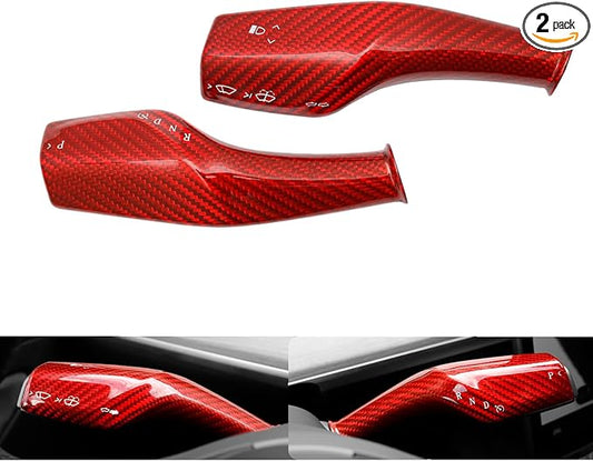 Fit Tesla Model 3 Y 2021-2023,Real 3K240G Carbon Fiber Steering Wheel Column Gear Shift Cover Gear Lever Decoration Accessories 2pcs(Premium Mateal) (Gloss Red)