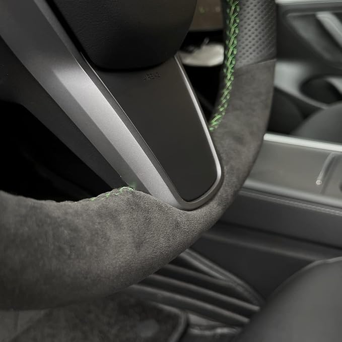 MEWANT Hand Stitch Athsuede Perforated Real Leather Steering Wheel Cover for Tesla Model 3 2017-2020 DIY Steering Wrap