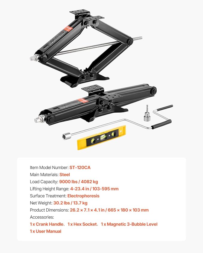 VEVOR 9000 lbs RV Scissor Jacks, 4-23.4 in RV Stabilizer Leveling Scissor Jacks, Set of 2, Heavy Duty Stabilizer Jack with Crank Handle, Socket and Bubble Levels, Not Easily Bent or Deformed
