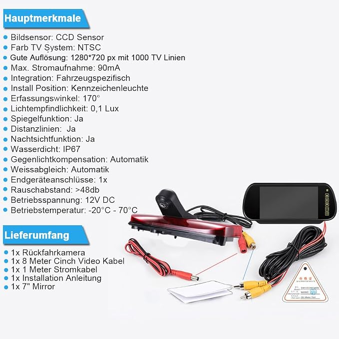 18mm HD Car Third Roof Top Mount Brake Light Rear View Camera Parking Safety Assistant, for Ford Transit Connect 2014-2017 Stop lamp Transporter Business MPV SUV Bus (with 7-inch Rearview Mirror)