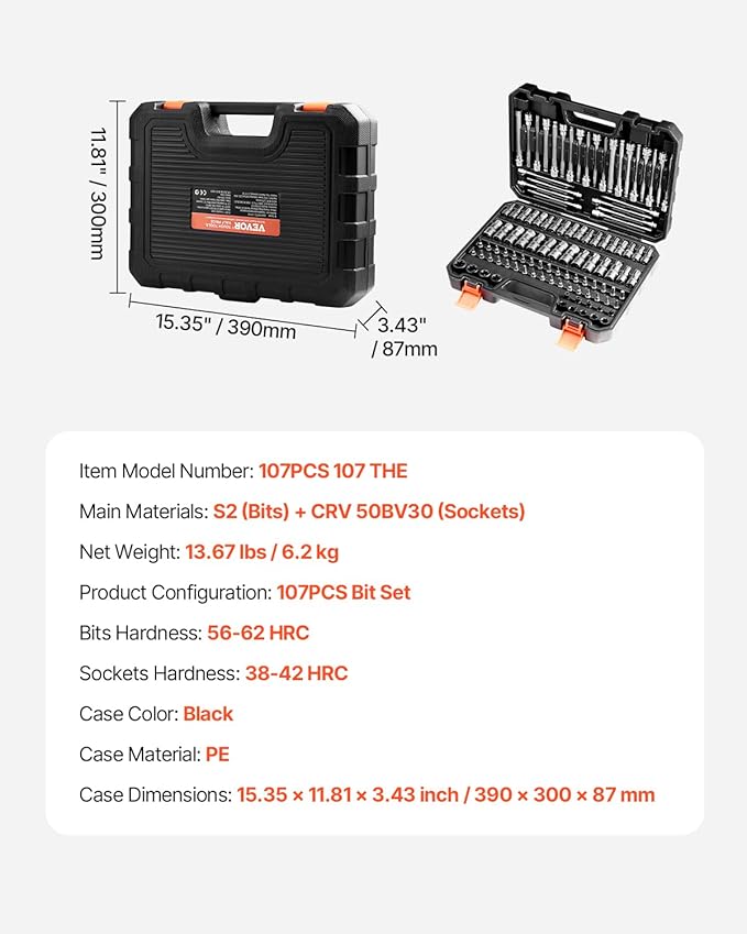 VEVOR Bit Socket Set, 107-Piece SAE and Metric, Hex/Torx/External Torx/Tamper-Proof/Extra Long, S2 Alloy Steel and Cr-V Steel, 1/4 in, 3/8 in, and 1/2 in Drives, with Enhanced Storage Case, Hand Use