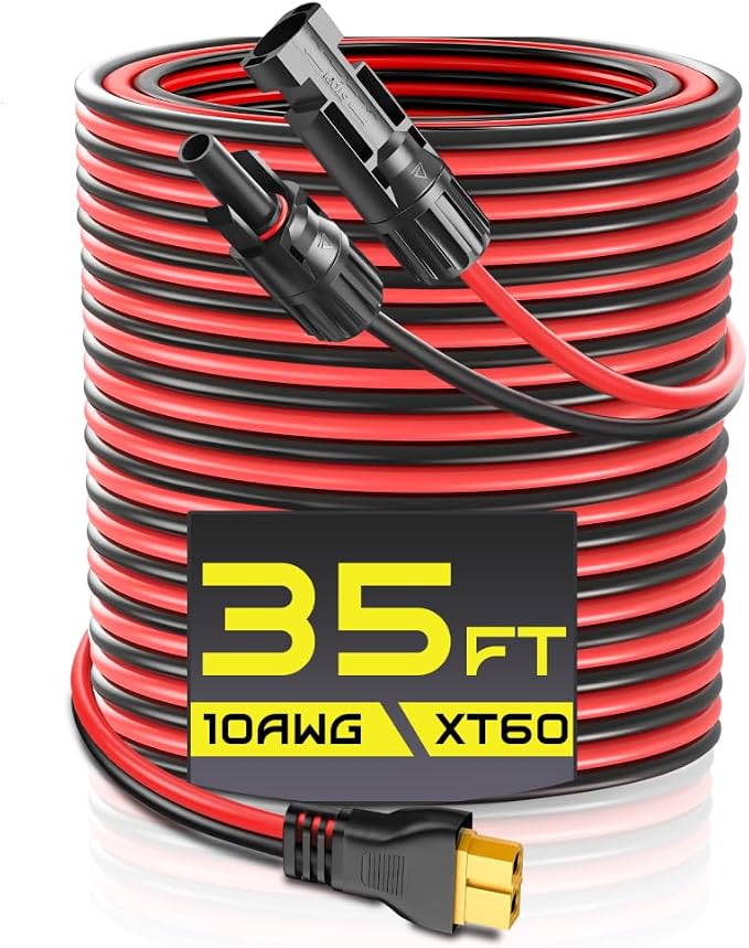 35FT 10AWG XT60 Solar Charging Cable, GIBBAB Solar Panel Connector to XT60 Extension Charge Adapter Cable with Caps & Wire Ties for LiFePO4 Battery RV Portable Power Station Generator
