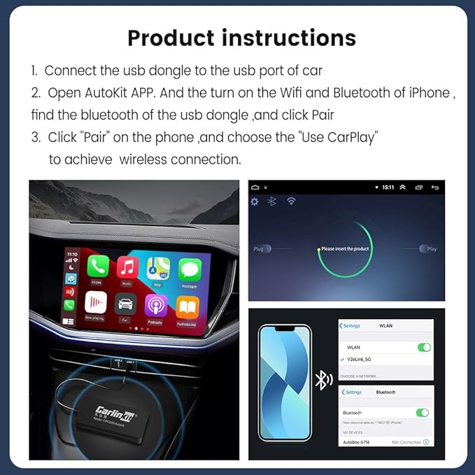 CarlinKit Wireless CarPlay Adapter USB, for Android car radios with Android System 4.4.2 or Above, The APK Must be Successfully Installed Before Using USB,Screen Mirroring, Google Maps etc